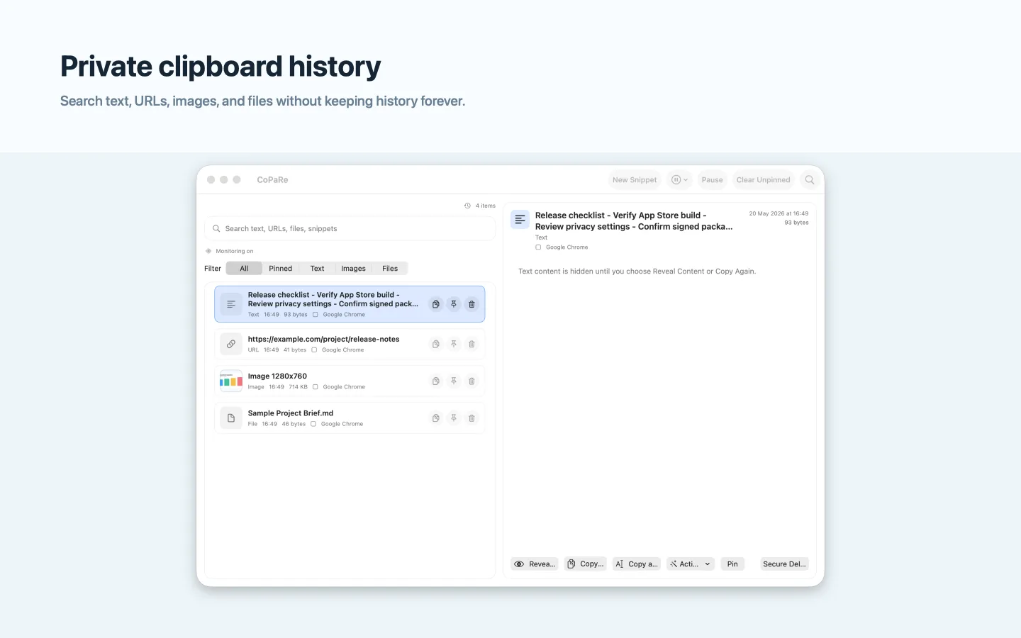 CoPaRe light mode clipboard history window with demo clipboard items