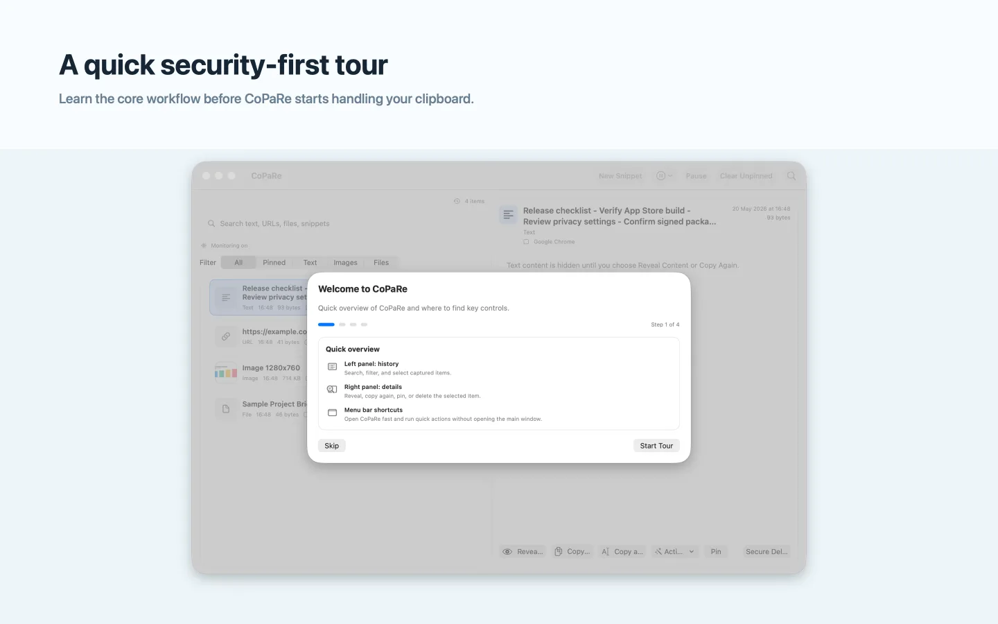 CoPaRe light mode onboarding tour